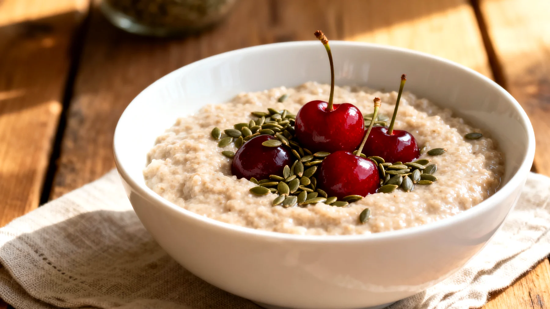 Amaranth-Porridge mit Hanfsamen und Sauerkirschen"