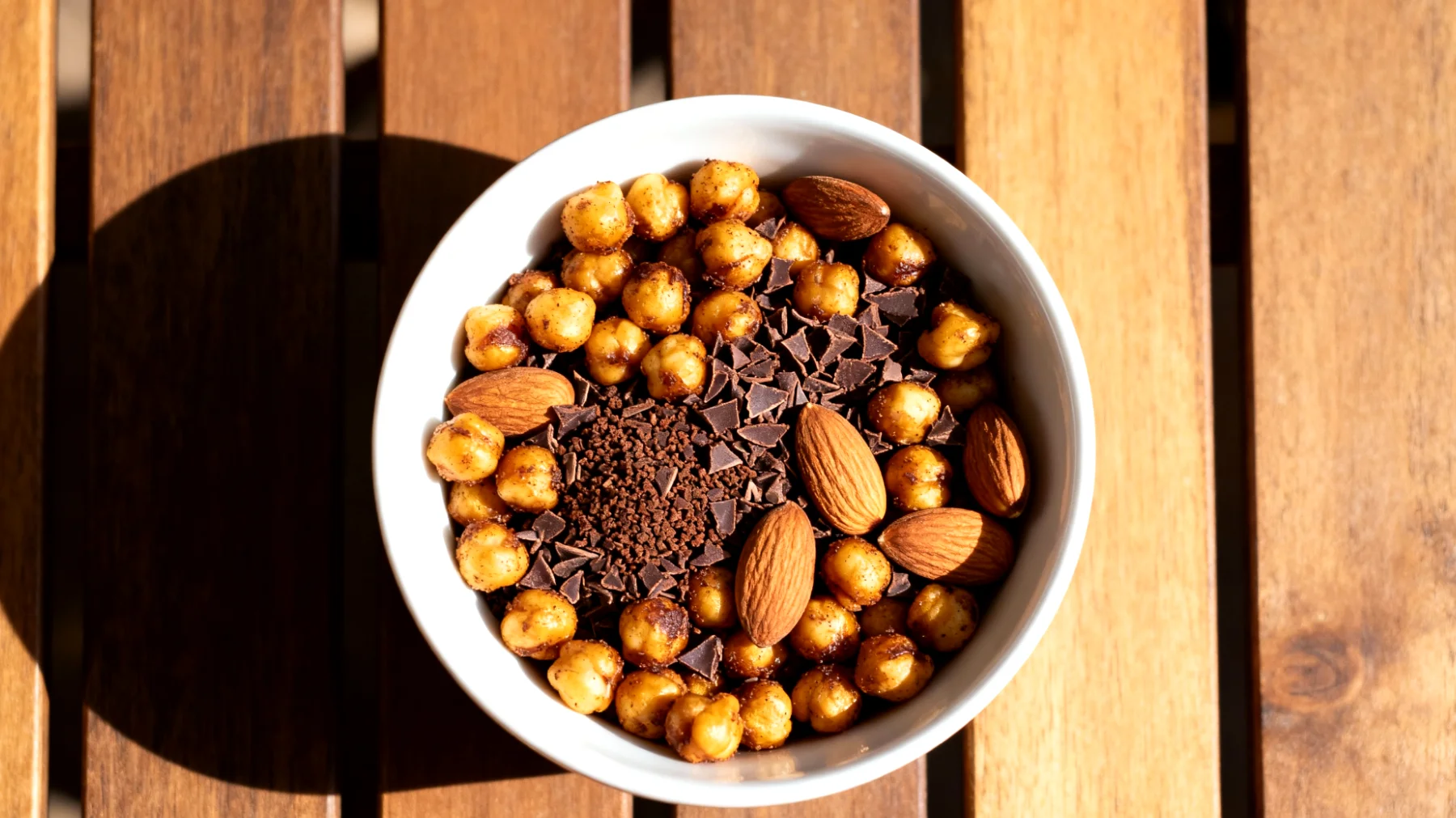 Geröstete Kichererbsen mit Kakao-Nibs und Mandeln"