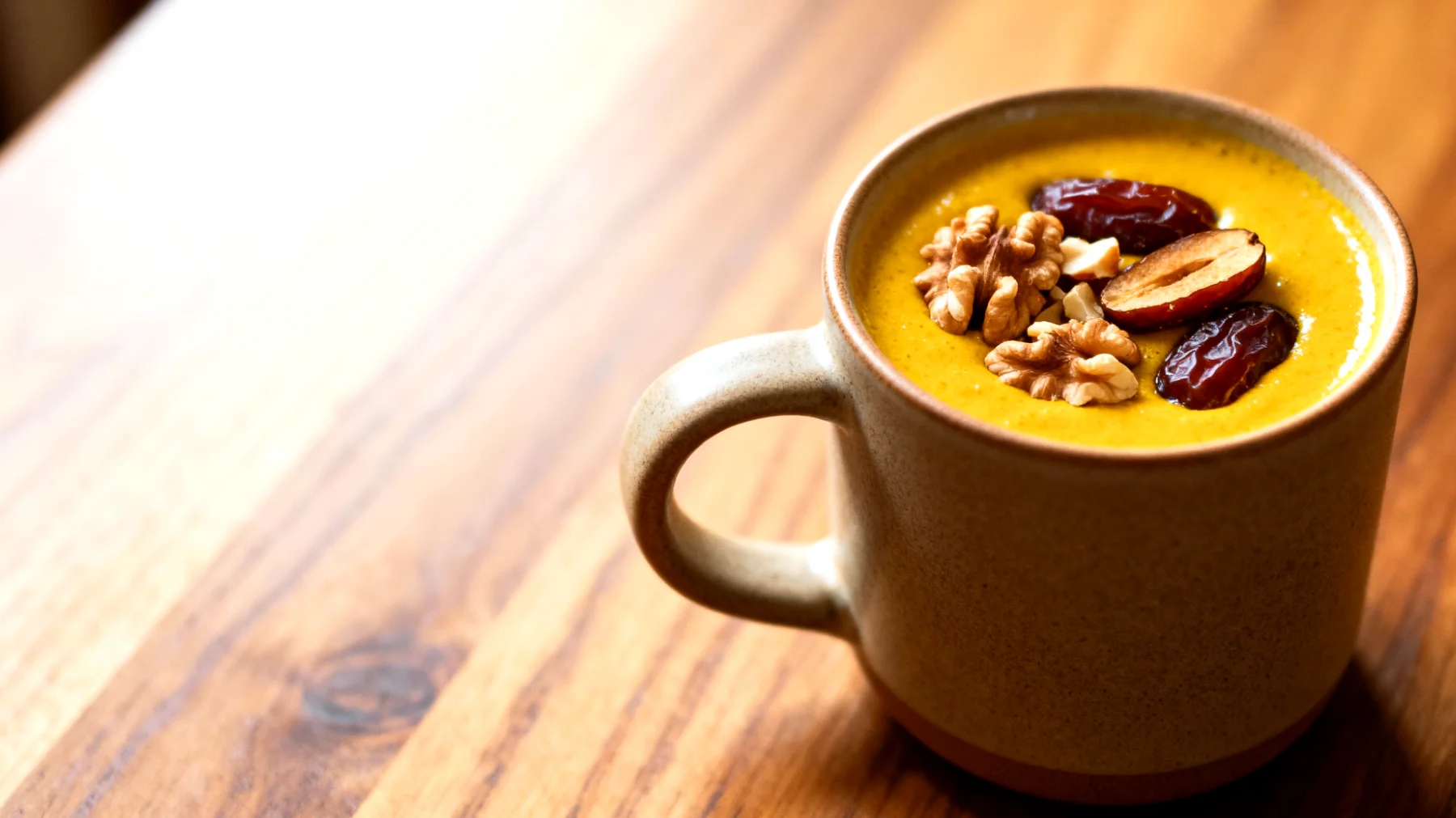 Goldene Milch mit Walnüssen und Datteln (Kurkuma-Latte mit Nuss-Topping)"