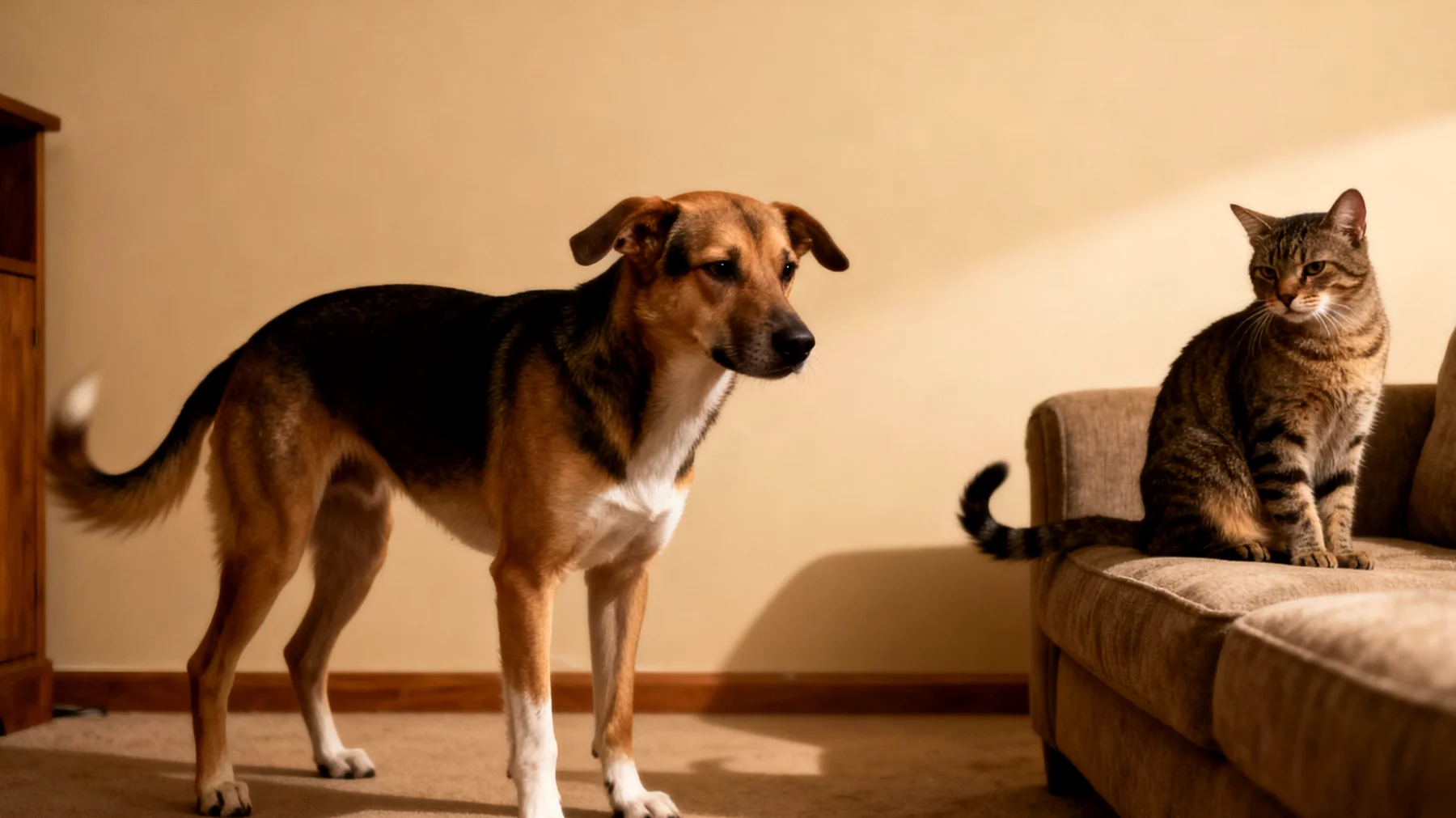 Hunde zeigen oft Stress und Anspannung im Zusammenleben mit anderen Tieren im Haushalt, was zu Konflikten, Aggression oder Angstverhalten führen kann"