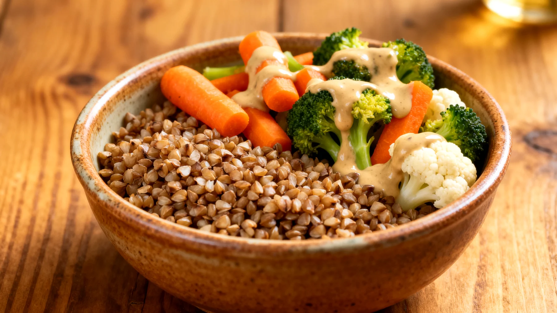 Kasha-Buchweizen-Bowl mit gedünstetem Gemüse und Tahini"