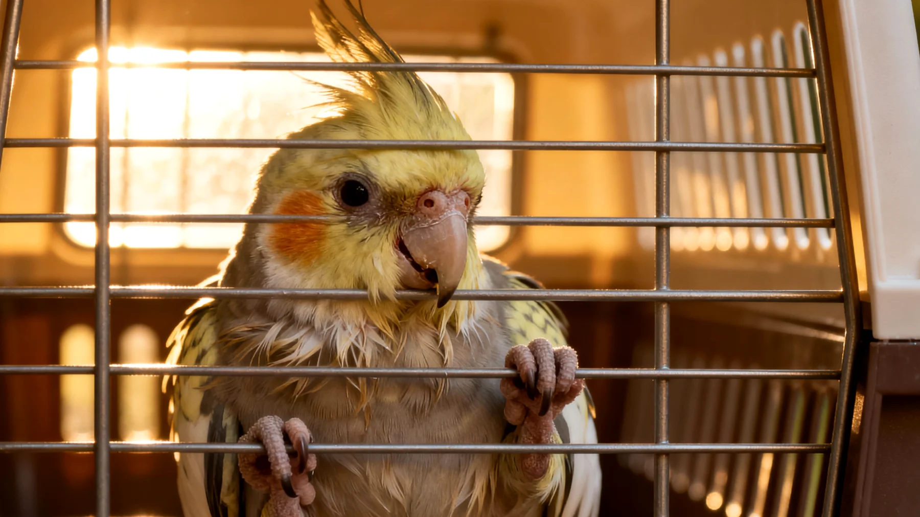 Nymphensittiche langweilen sich während der Reise in der Transportbox und zeigen Stressverhalten wie Schreien oder Federrupfen, da sie keine angemessene Beschäftigung haben"