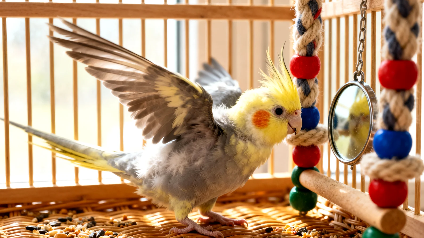 Junge Nymphensittiche benötigen altersgerechte Beschäftigungsmöglichkeiten und Spielideen, um ihre kognitive Entwicklung, Motorik und soziale Kompetenz zu fördern, ohne sie zu überfordern"