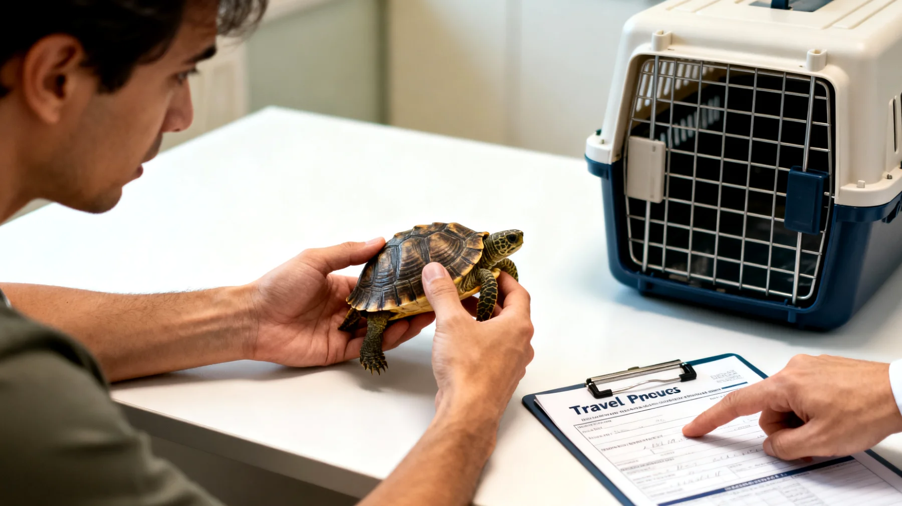 Schildkrötenbesitzer benötigen tierärztliche Beratung zur sicheren Vorbereitung und Durchführung einer Reise mit ihrer Schildkröte, einschließlich Transportbedingungen, Stressminimierung und rechtlicher Anforderungen"