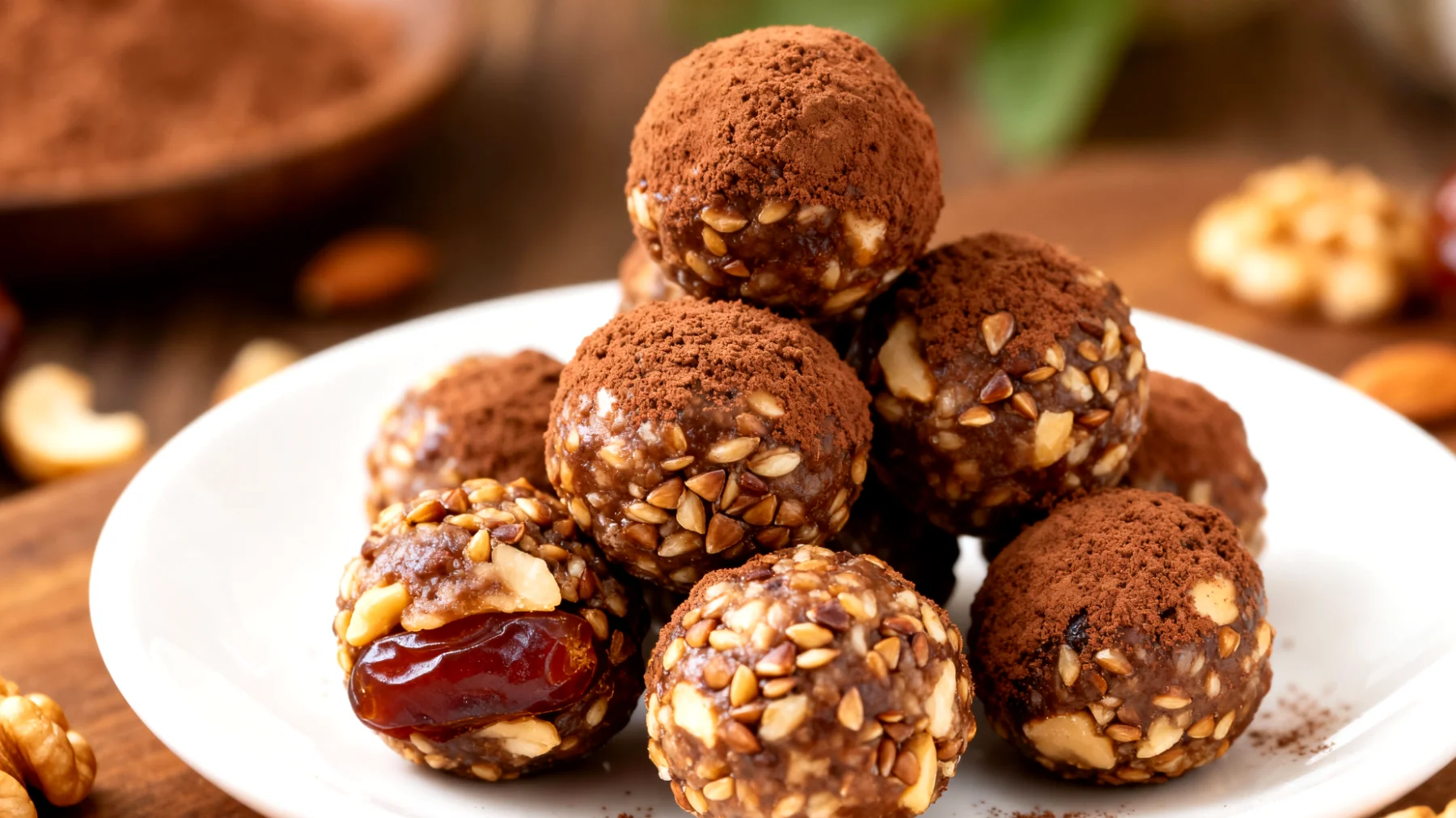 Walnuss-Buchweizen-Energiebällchen mit Datteln und Kakao"