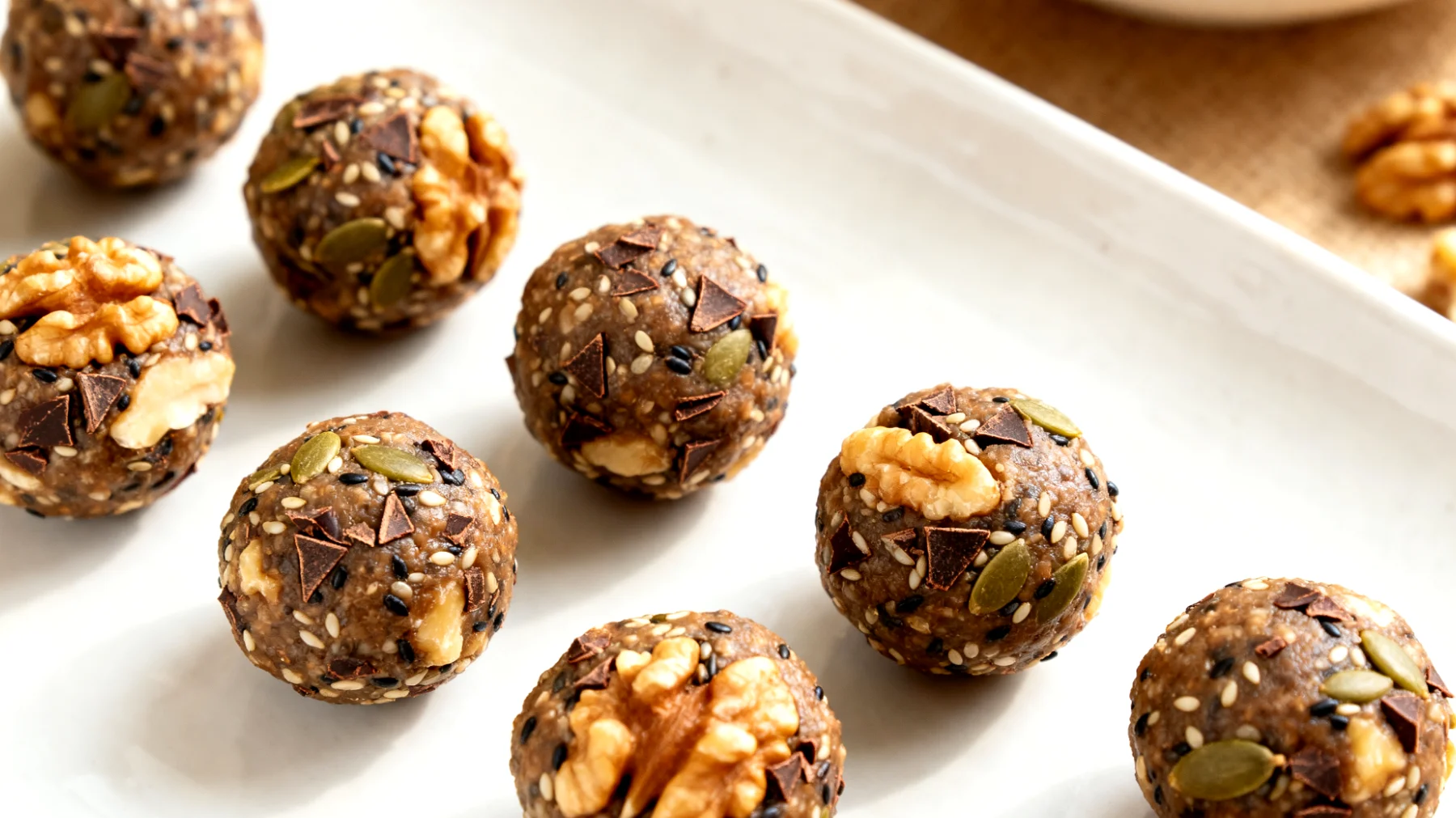 Walnuss-Kakao-Nibs-Energiekugeln mit Hanfsamen"