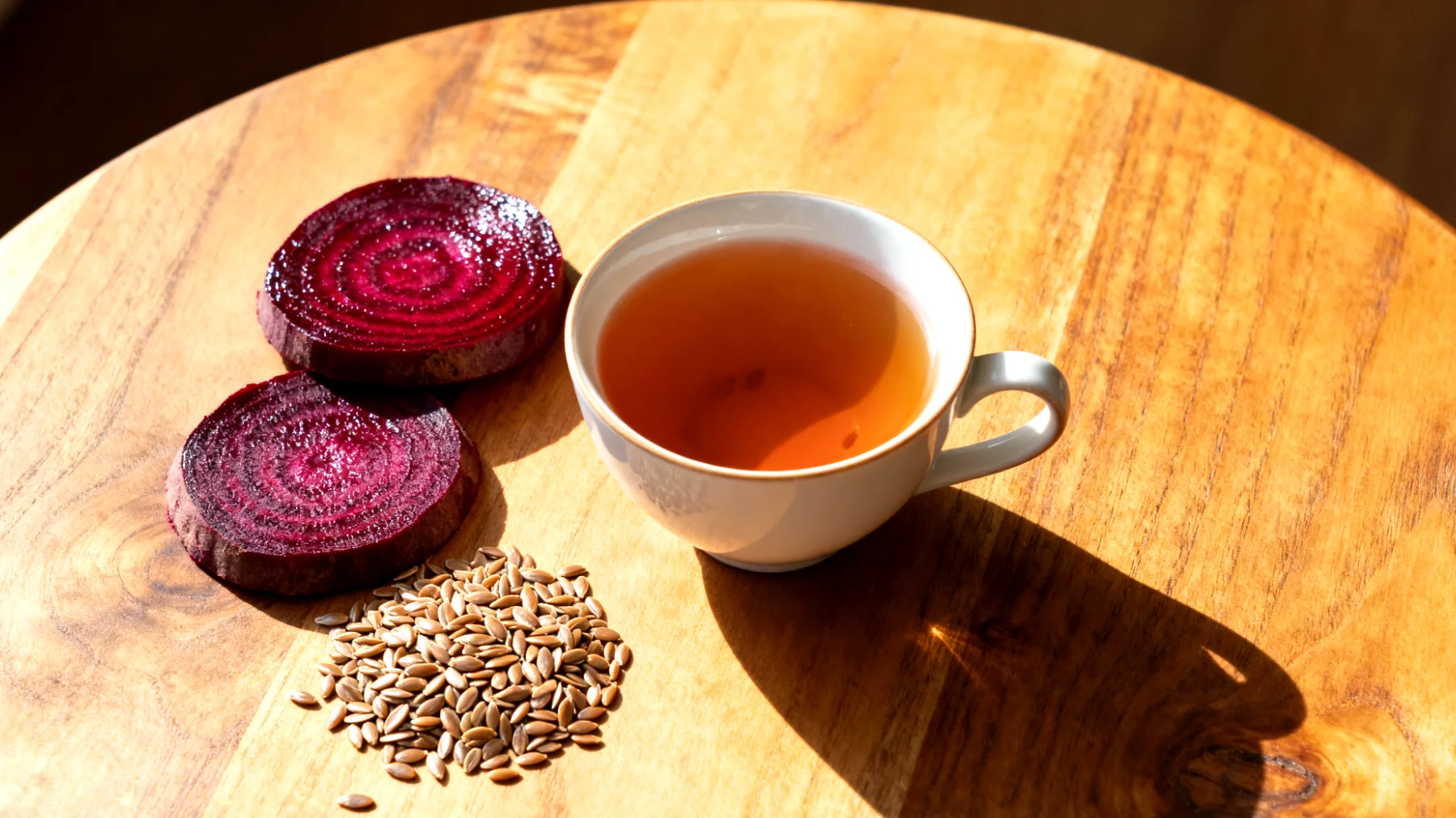 Zichorienwurzel-Tee mit fermentierten Rote Bete und Leinsamen"