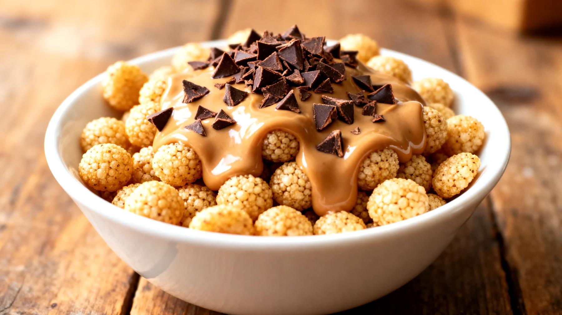 Amaranth-Puffs mit Nussmus und Kakao-Nibs"