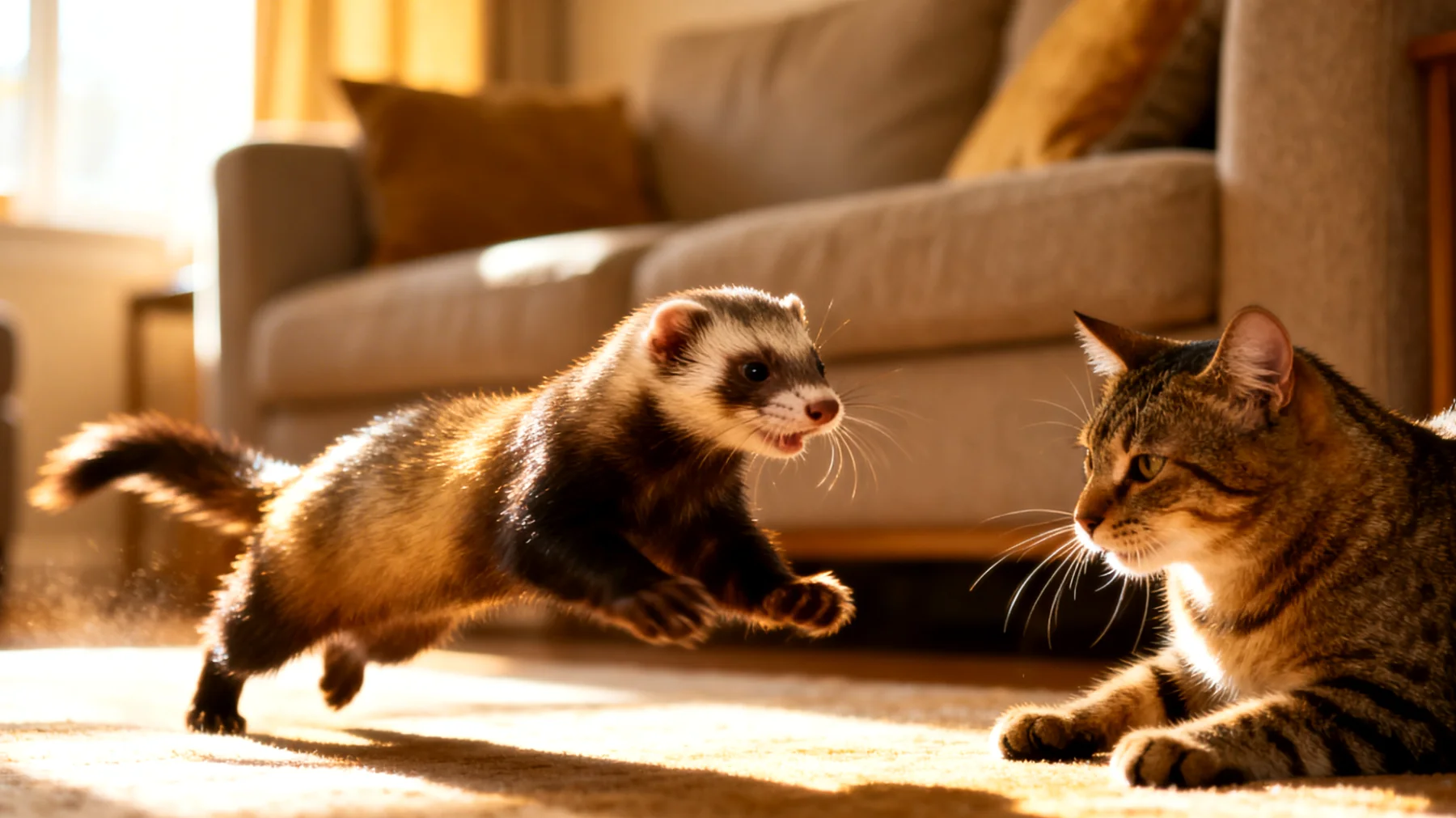 Frettchen zeigen oft aggressives oder zu stürmisches Spielverhalten gegenüber anderen Haustieren, was zu Verletzungen oder Stress führen kann, da ihr natürlicher Jagdinstinkt und ihre energische Art von anderen Tieren oft missverstanden werden"