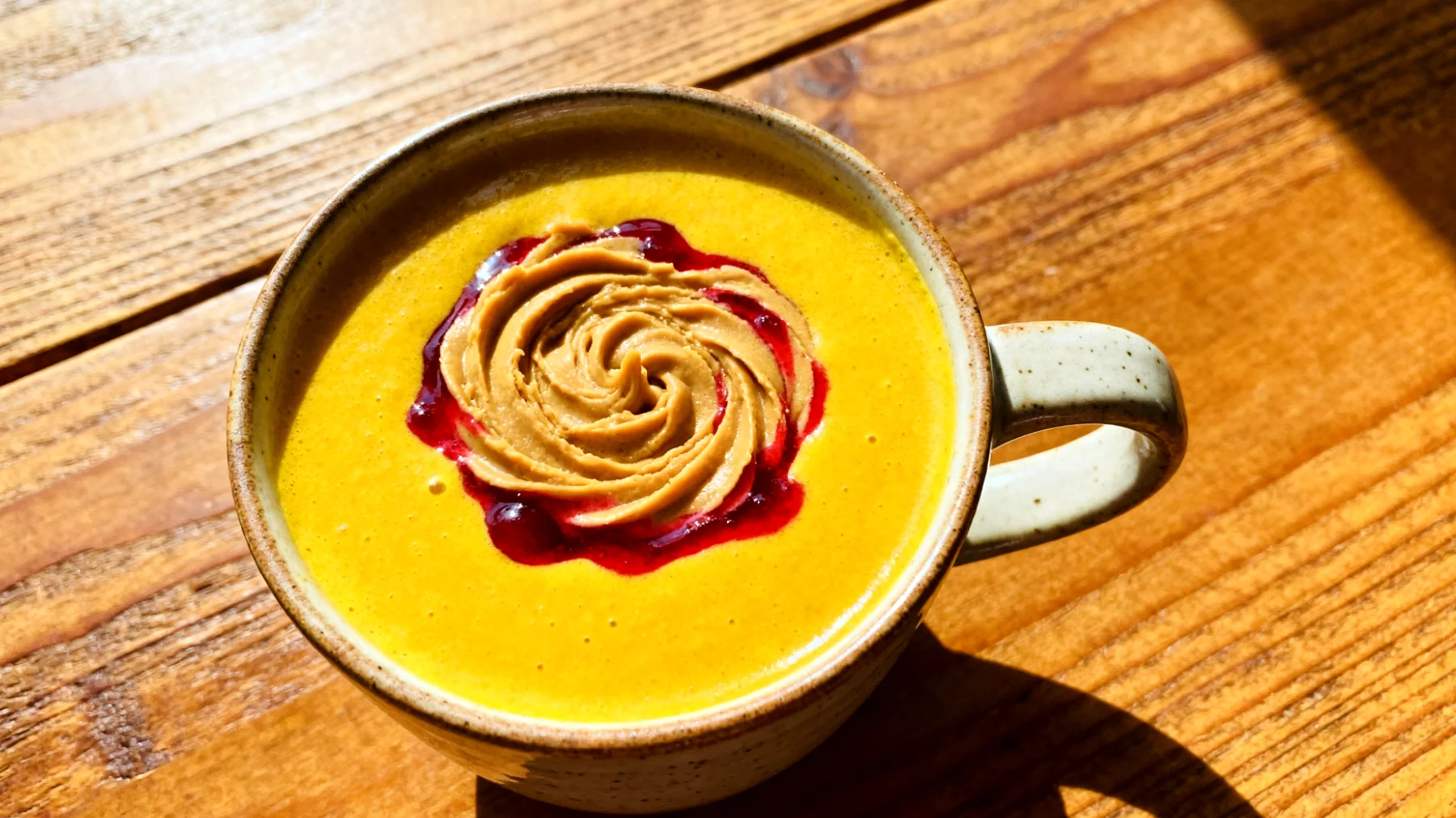 Goldene Milch mit Mandelbutter und Sauerkirschsaft"