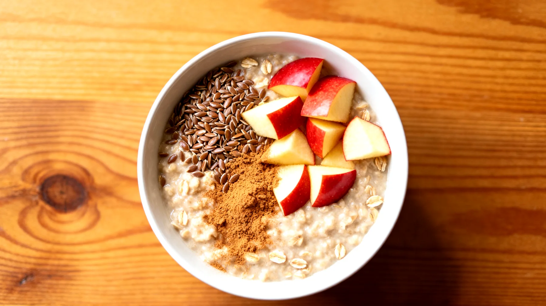 Hafer-Porridge mit Leinsamen, Zimt und Apfelstücken"