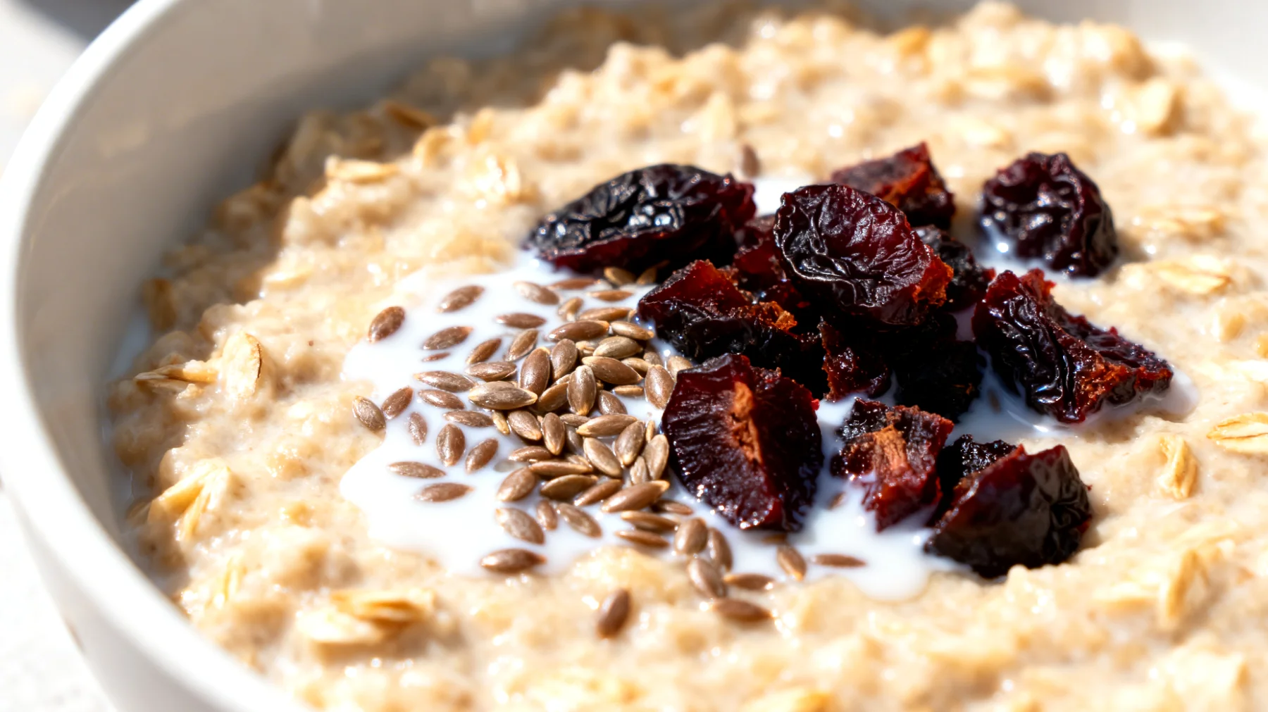 Hafer-Porridge mit Leinsamen, getrockneten Pflaumen und Kefir"