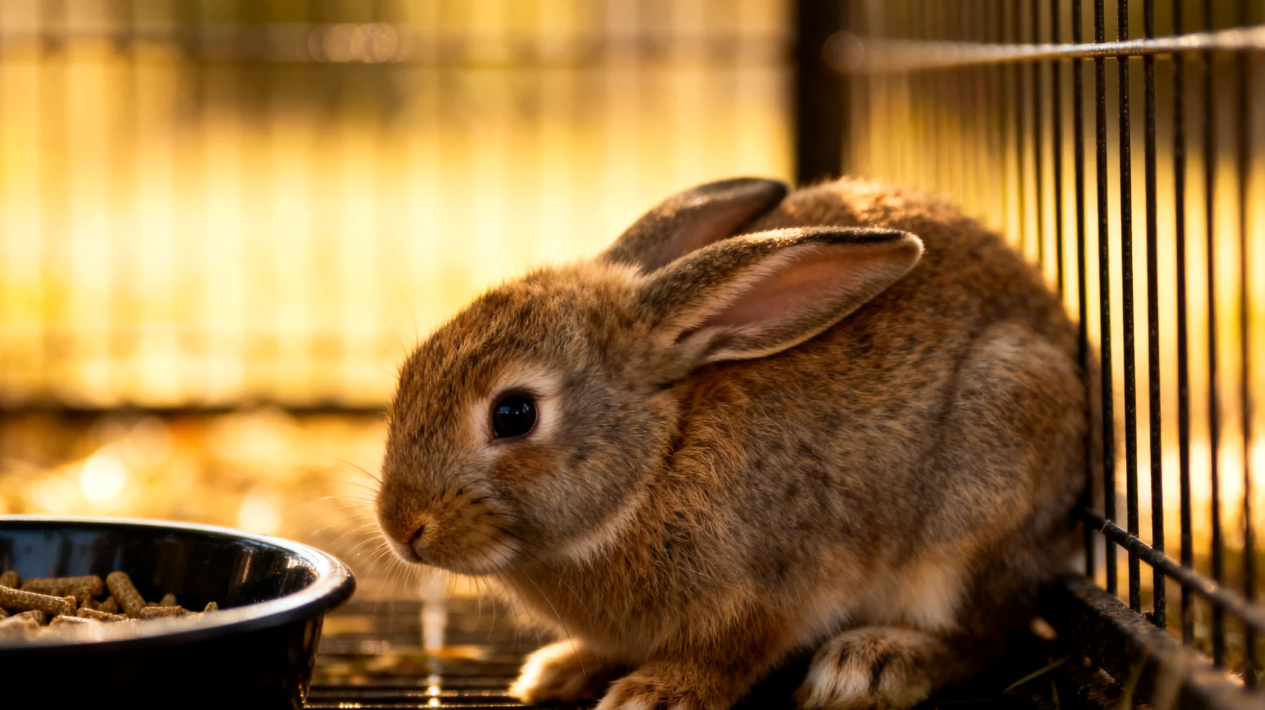 Junges Kaninchen zeigt Stressverhalten wie übermäßiges Verstecken, Zähneknirschen oder Appetitlosigkeit während der Eingewöhnungsphase in die neue Umgebung"