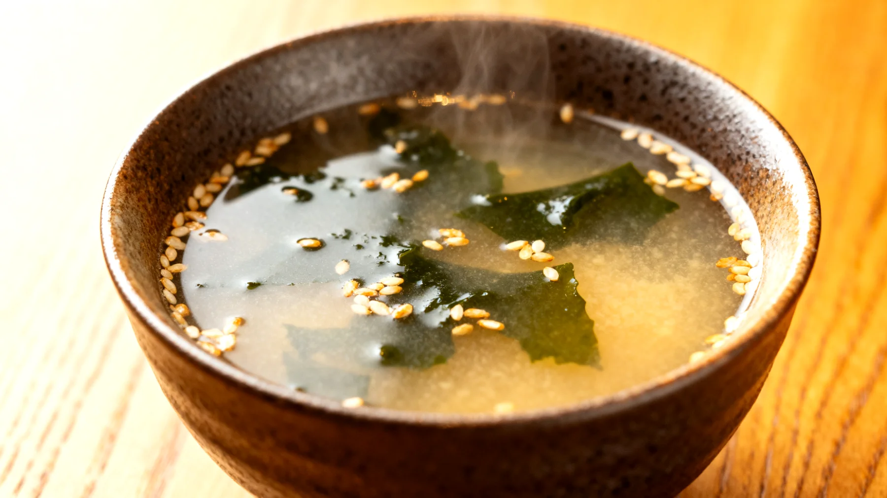 Miso-Suppe mit Wakame-Algen und fermentiertem Getreide (Amazake)"