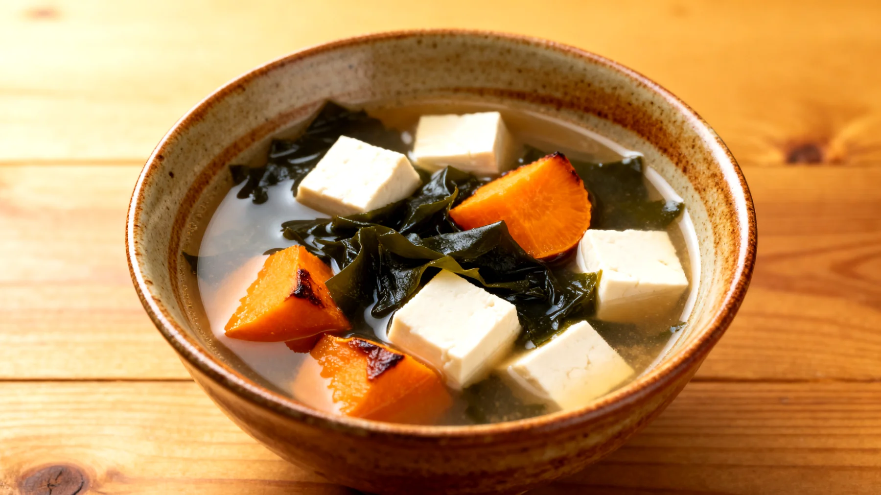 Miso-Suppe mit Wakame-Algen, Tofu und Süßkartoffel"
