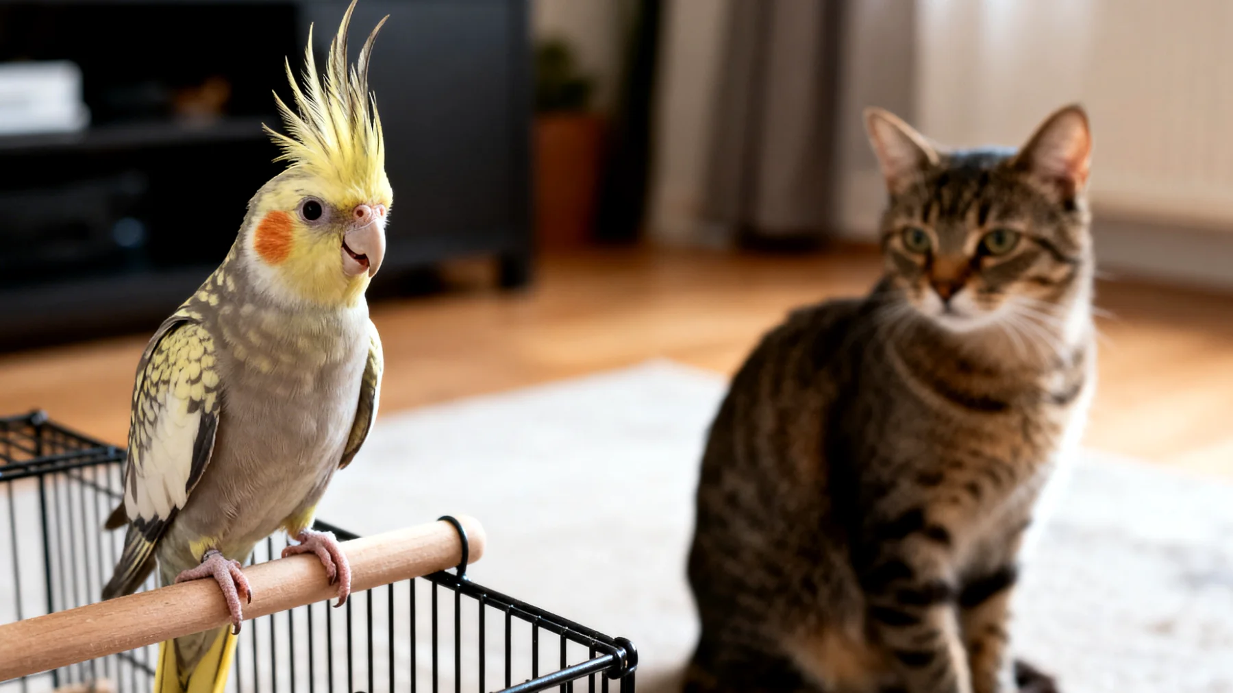 Nymphensittiche zeigen aggressives Verhalten oder Stress beim Zusammenleben mit anderen Haustieren und benötigen spezifisches Training, um friedliches Miteinander zu fördern"