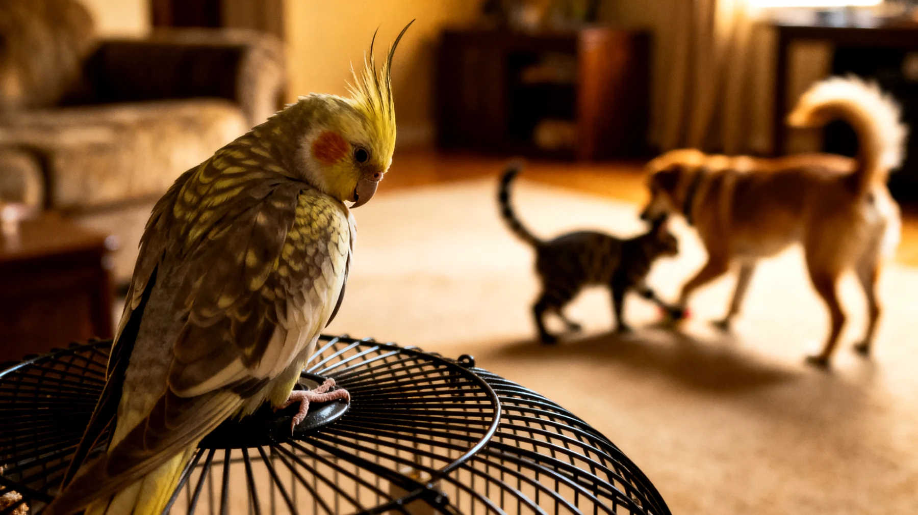 Nymphensittiche langweilen sich schnell, wenn sie mit anderen Tieren im Haushalt zusammenleben und keine artgerechten Beschäftigungsmöglichkeiten haben, was zu Verhaltensproblemen wie Federrupfen oder lautem Schreien führen kann"