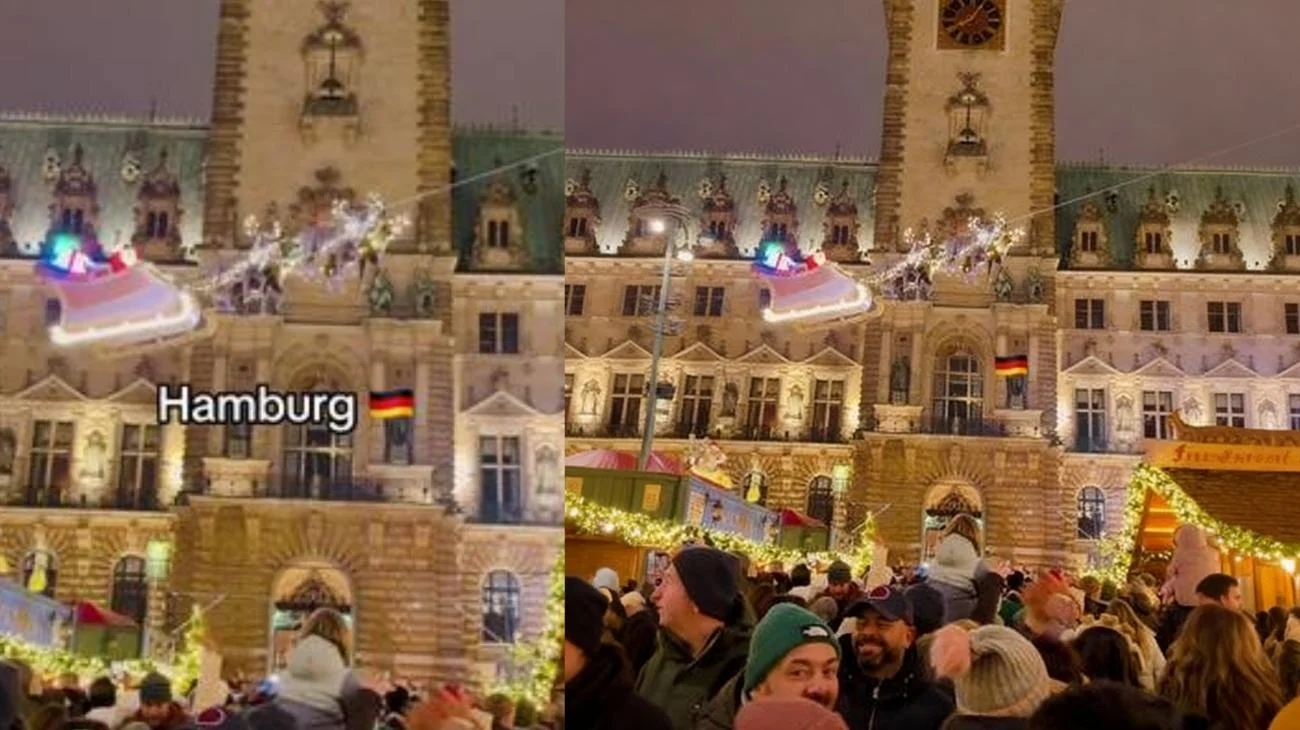 Santa Flying Over the Crowd in Hamburg Christmas #hamburg #rathaus #santaclaus #christmasevent #travelwalkstv"