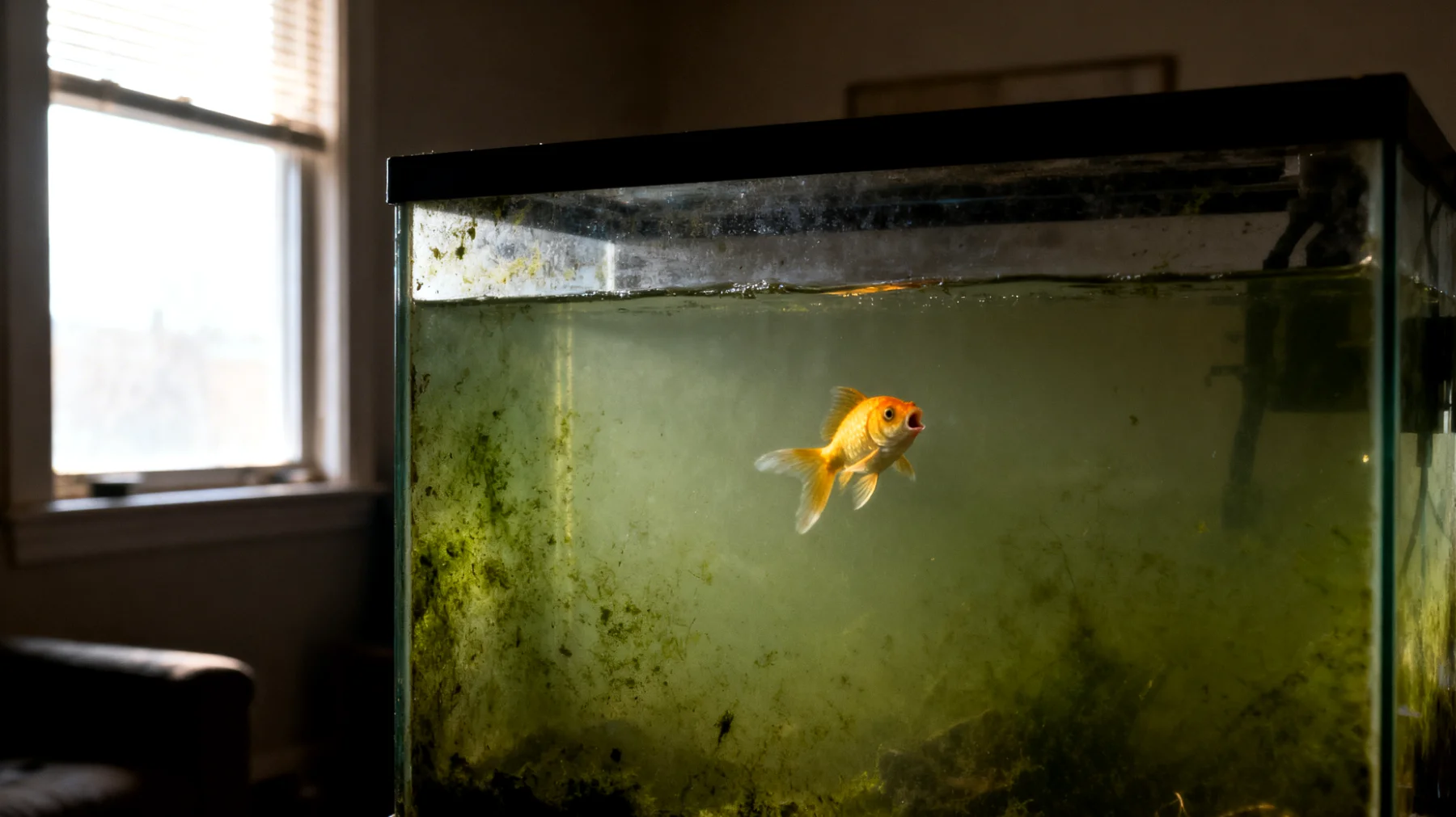 Fische in Aquarien leiden häufig unter schlechter Wasserqualität in Wohnungen, da geschlossene Räume oft zu wenig Luftzirkulation bieten und die Verdunstung sowie Temperaturregulierung des Aquariumwassers beeinträchtigen, was zu erhöhten Schadstoffkonzentrationen und Algenwachstum führt"