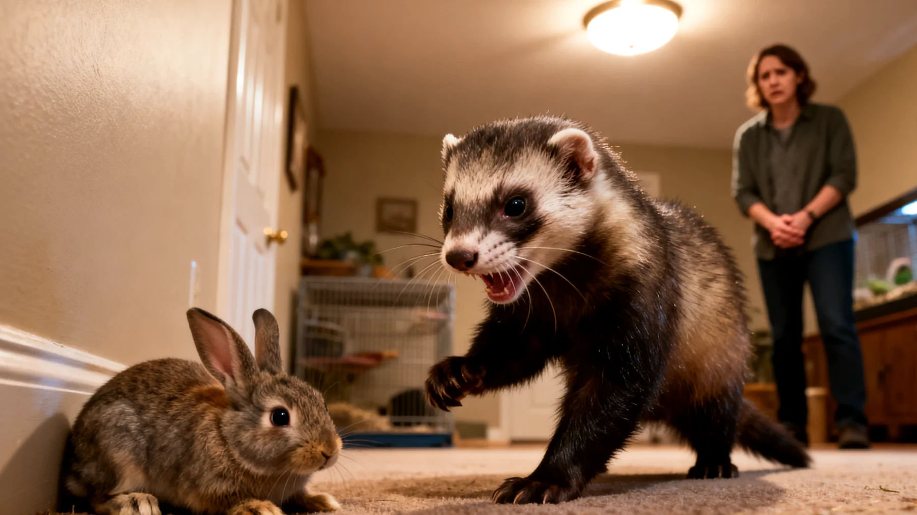 Frettchen zeigen oft territoriales und spielerisch-aggressives Verhalten gegenüber anderen Haustieren, was zu Konflikten, Stress und potenziellen Verletzungen führen kann, insbesondere bei kleineren Tieren wie Kaninchen, Vögeln oder Nagetieren"